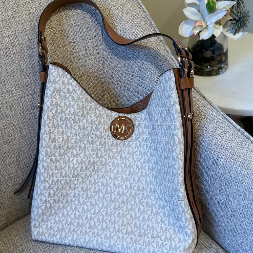 Michael Kors Monogrammed White and Tan Shoulder Bag